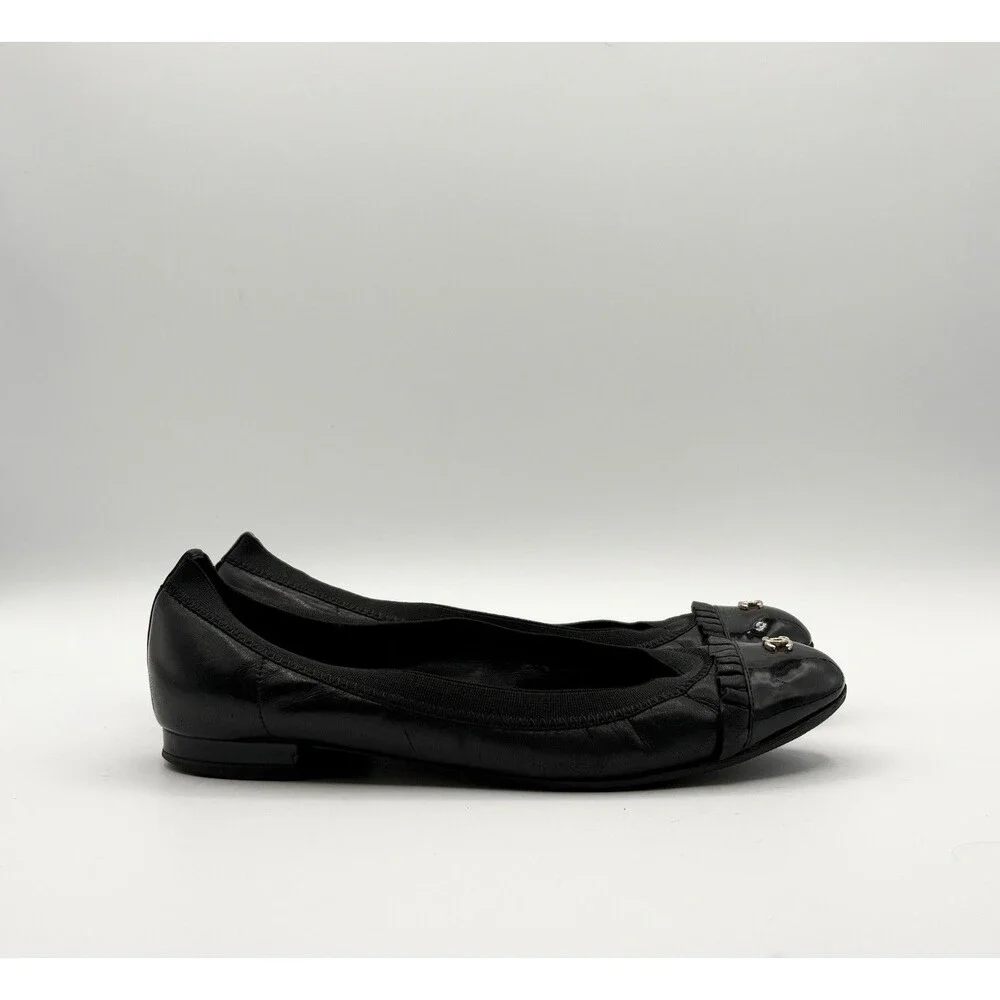 Chanel Black Ballet Flats Patent Leather Cap Toe CC Logo Ruffle Accent EU 35.5 - Picture 3 of 13